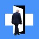 Illustration of Trump walking out of a door in the shape of a large cross or plus sign against a blue background