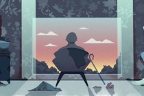 An illustration of an elderly man sitting in a darkened room looking out the window at a sunset.