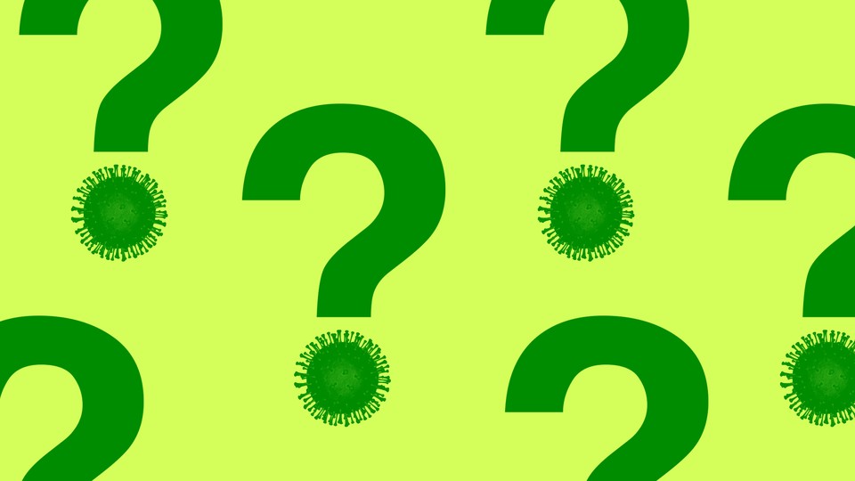 Question marks with a COVID virus as the dot