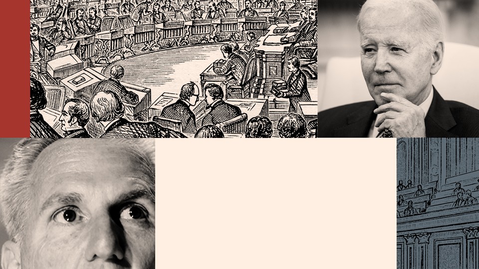 Photo collage of Kevin McCarthy, Joe Biden, and an archival illustration of Congress