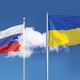 Illustration showing a flag of Russia covered by a cloud and a flag of Ukraine that is not