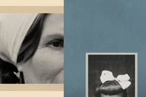 A collage of blue and tan with two embedded photographs, an older woman on the left and a girl's head on the right.