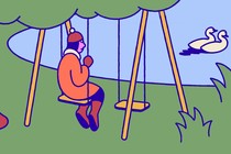 A person sitting alone on a swing set, watching two ducks in a pond floating away