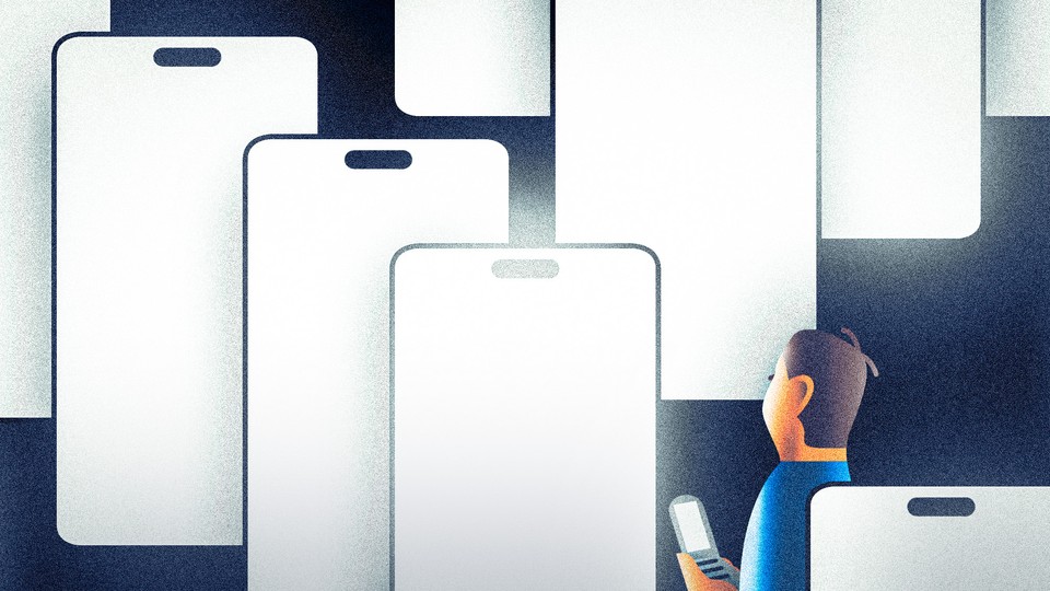 An illustration of a ton of empty phone screens that overwhelm the space, with a man in the lower left hand corner holding a flip phone