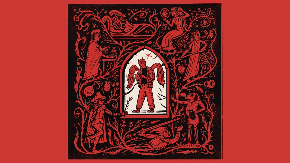 Red-and-black illustration of medieval-style woodcut with red figures of the seven deadly sins surrounding a gothic-arched frame surrounding a winged devil wearing modern clothes, walking and staring at a smartphone.