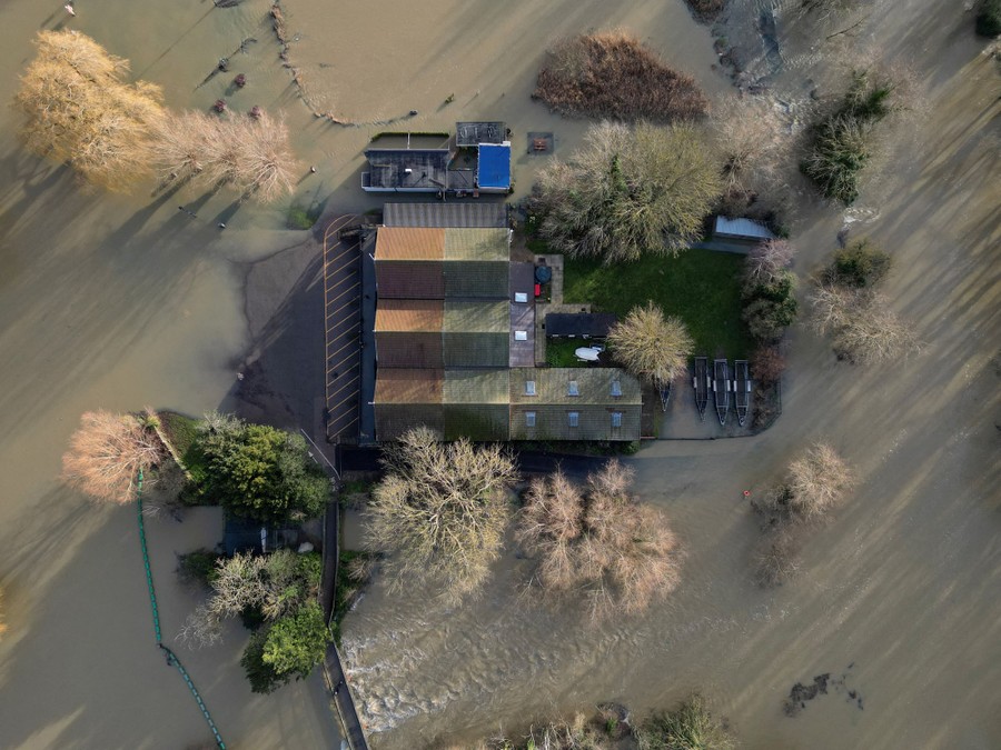 An aerial view of a flooded property