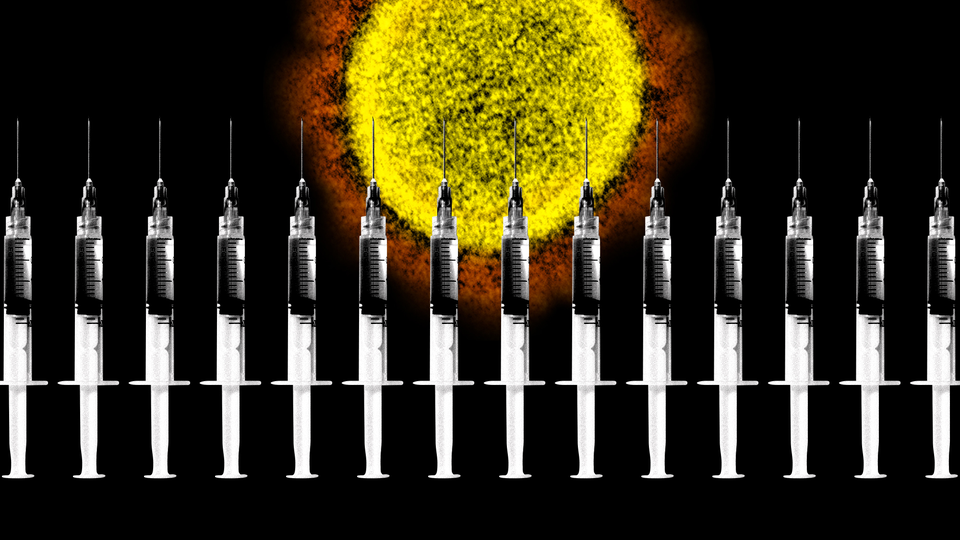 A wall of vaccine syringes in front of a coronavirus