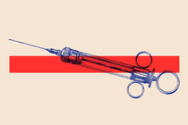 Illustration of a syringe superimposed on a red horizontal line