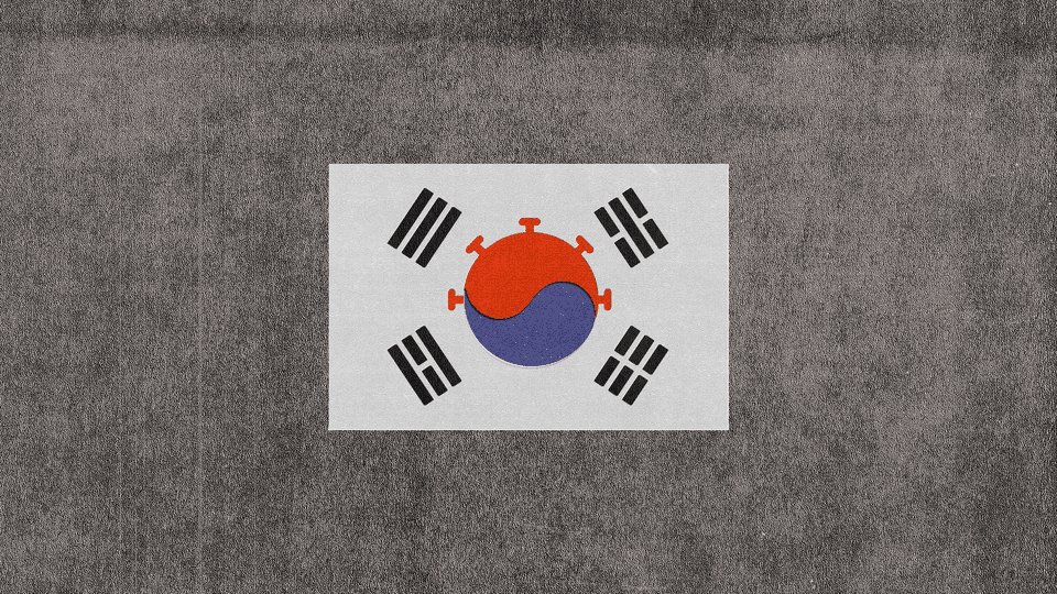 A photo illustration of the flag of Korea made up of static and coronavirus particles
