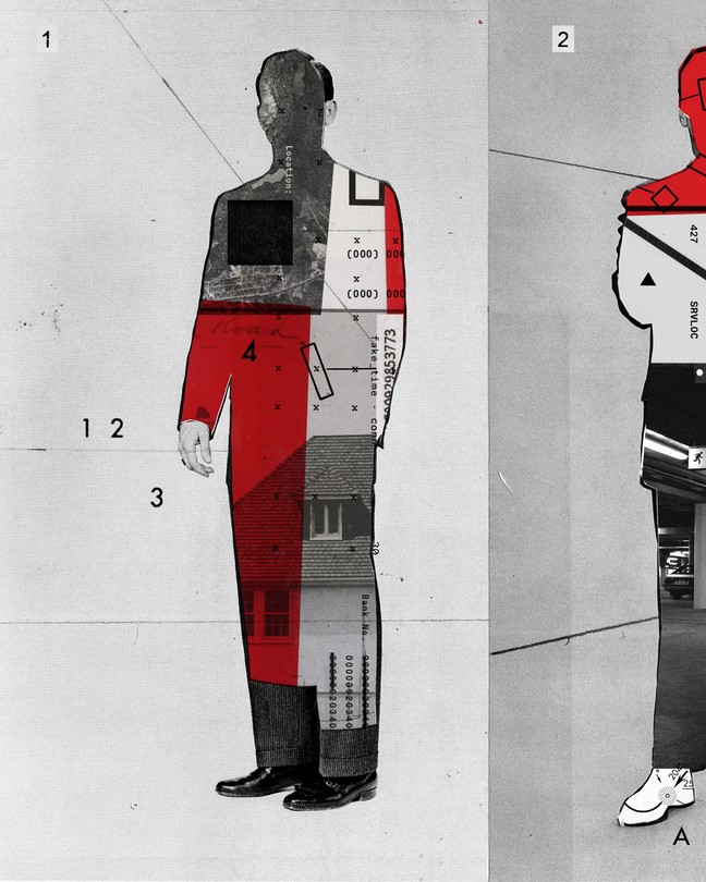 Collage of a silhouette figure filled with photographs of houses and archival paper