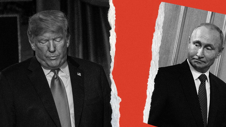 Paper cutouts of Trump and Putin torn apart from each other.
