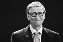 Bill Gates gazes ruefully at the camera in a black-and-white photo