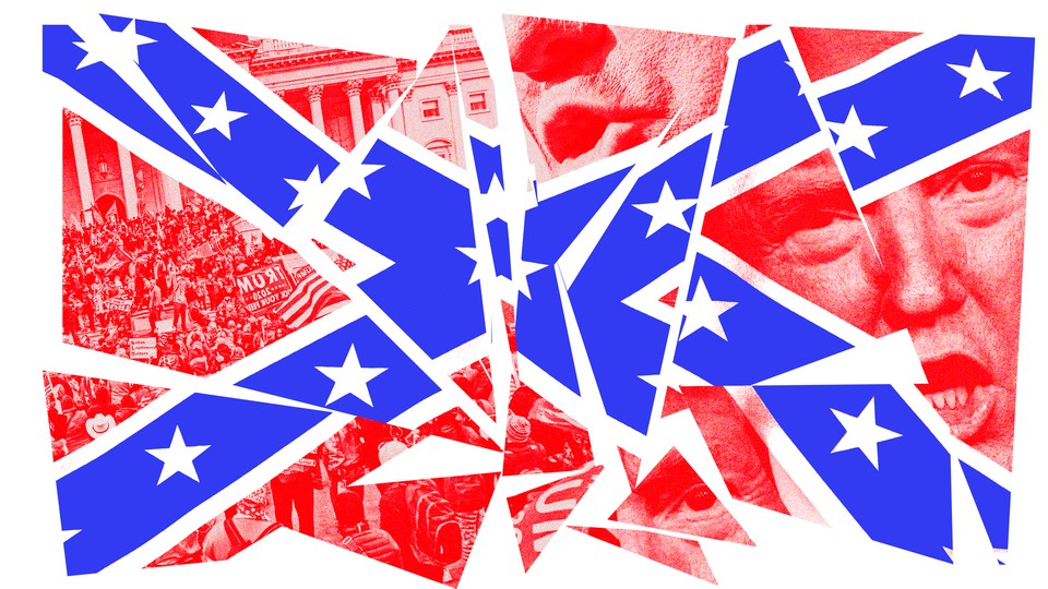 A shattered Confederate flag made up of images of the January 6th insurrection