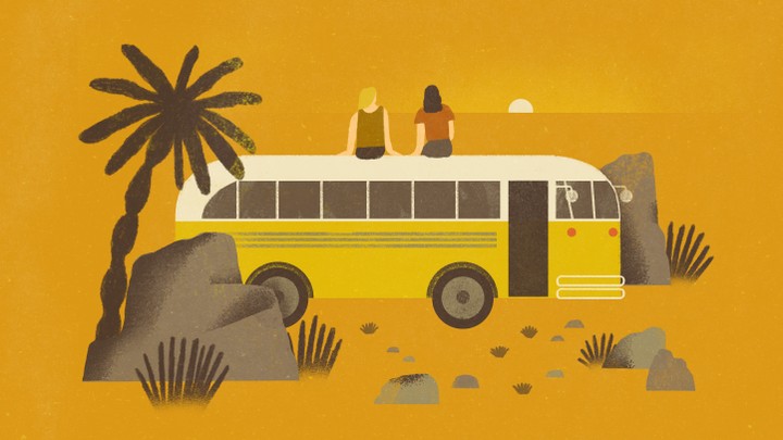 An illustration of two friends sitting on top of a school bus parked in the desert.