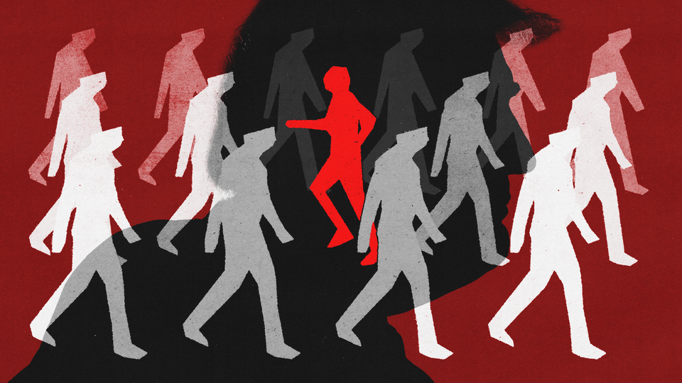Many white and opaque silhouettes walking in one direction, one in bright red walking the other way, with a giant shadow of Donald Trump behind them.