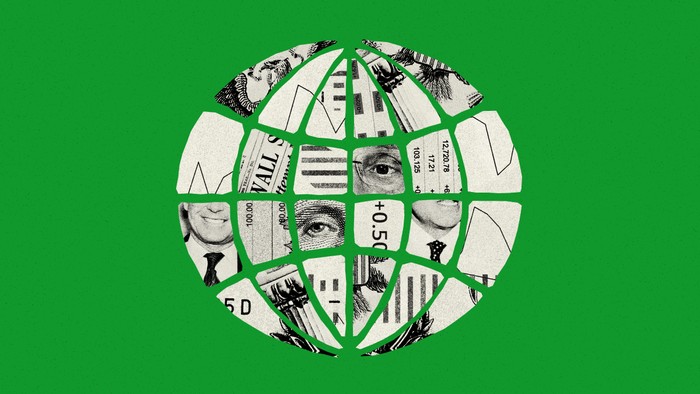 Illustration of the world wide web symbol made of money.
