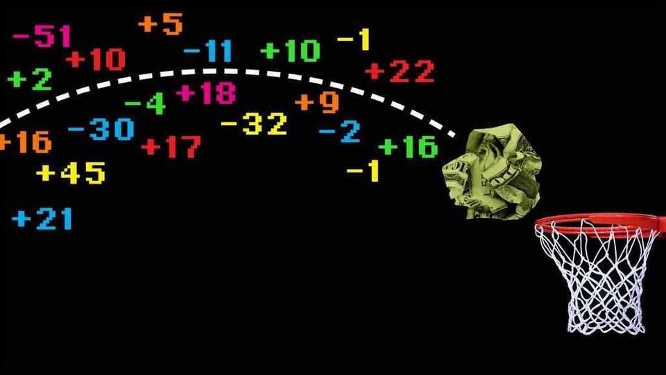 Illustration of a crumpled up dollar bill arcing toward at a basketball hoop. Multicolored numbers surround a dotted line of its trajectory.