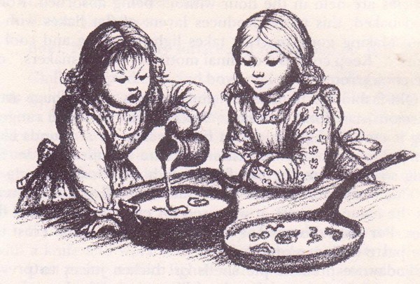 A pencil sketch of two girls wearing pioneer dresses and pouring ingredients in skillets. 