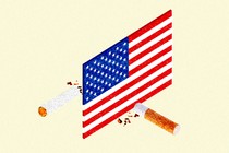 A graphic illustration of a card-like American flag breaking a cigarette in half