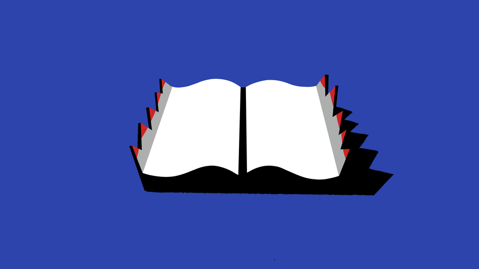 drawing of an open book with barbs along the edges against a blue background