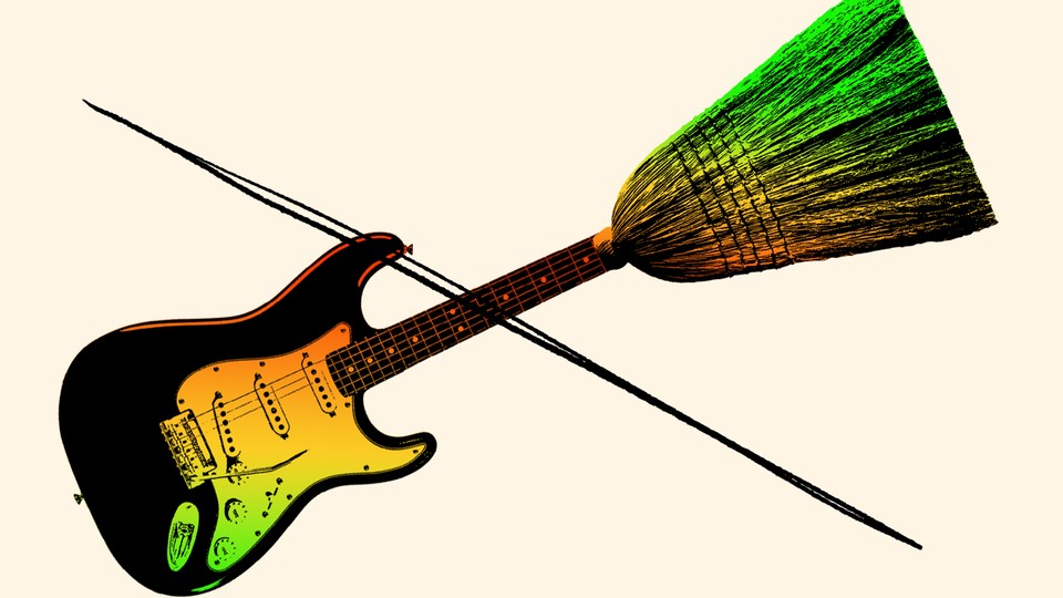 An illustration of a guitar whose neck becomes a broom at the top end