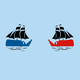 An illustration depicting two outlines of the continental United States as sailing ships, one red and the other blue, headed in opposite directions.