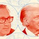 Photo-illustration of two red-toned headshots--one of Henry Kissinger and one of Donald Trump--over a world map.