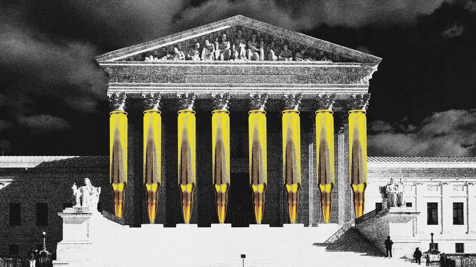 An illustration of the Supreme Court building with columns in the shape of bullets