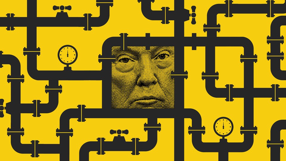 Illustration with black-and-white photo of Donald Trump’s face surrounded by a maze of oil pipes with a yellow backdrop