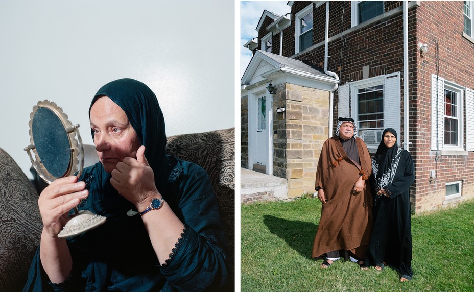 2 photos: woman in hijab looks closely in mirror at face; man and woman in traditional dress stand on green lawn in front of brick house with white shutters