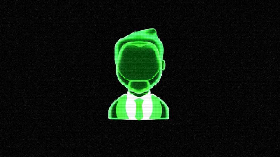 A green pixelated emoji of a faceless businessperson