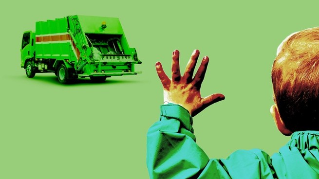 An illustration of a kid waving to a garbage truck.