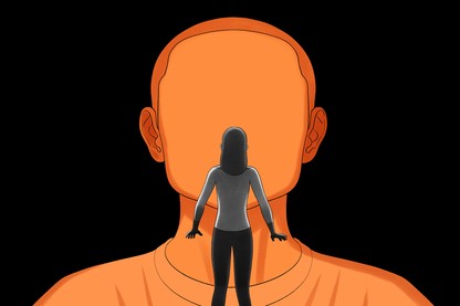 a woman stands in front of a large faceless man
