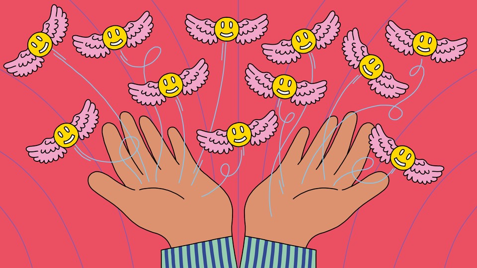 Winged smiley faces flying out of a person's open palms