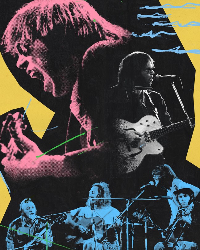 vintage-looking poster of Neil Young performing in the 1970s