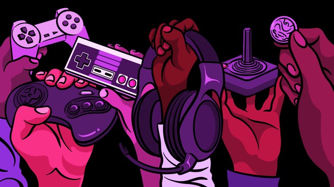 An illustration of video game players holding controllers from different consoles.