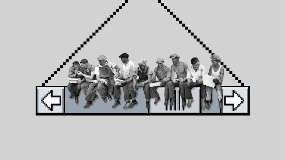 Illustration of construction workers eating lunch on a metal beam, except the metal beam is an old-fashioned browser window scrollbar