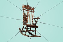 A photo illustration of a rocking chair being pulled by several hooks