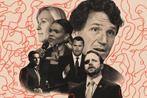 Graphic illustration showing black-and-white photos of prominent conservative politicians and pundits collaged together, surrounded by a squiggly red pencil line