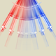 A vaccine syringe swings back and forth between red and blue.