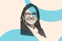 A grayscale image of Bari Weiss with a beige and light blue patterned background