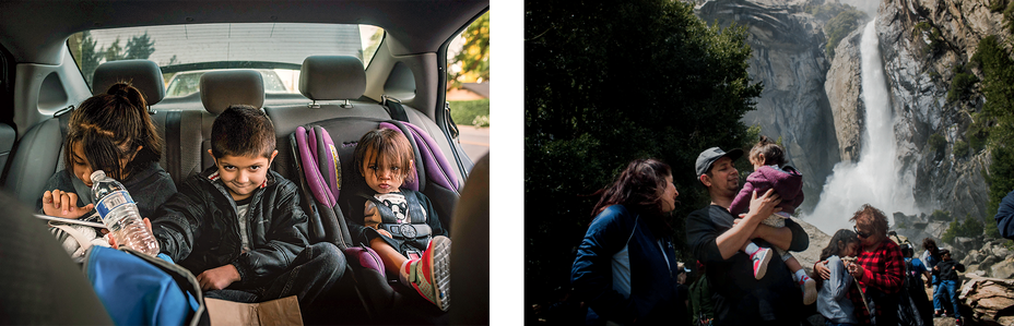 Left: The Fernandez children sit in the backseat of the family car. Right: The Fernandez family standing in front of a waterfall at Yosemite national park, 