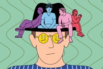 Illustration of a person wearing frowny-face sunglasses and a large hat, on which four shadowy, colorful people are perched