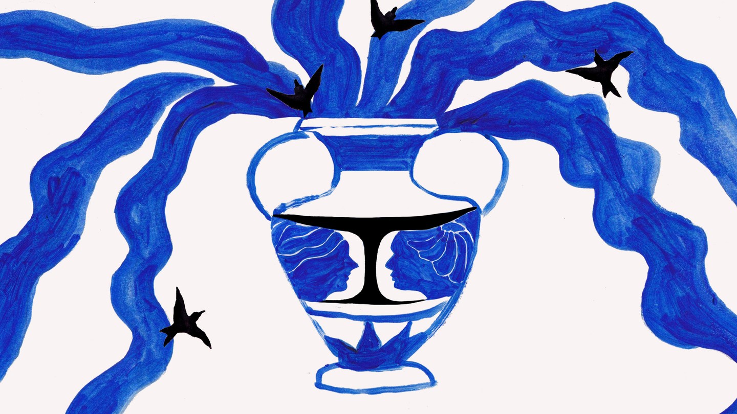 A white and blue Grecian vase with streams of blue and birds coming out of it