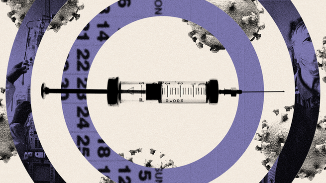 Purple art of a vaccine syringe in a bullseye