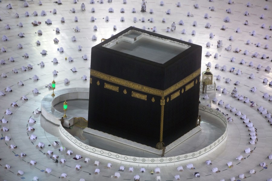 People pray around the Kaaba in Mecca.