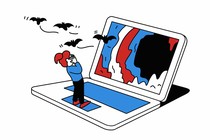 A little girl standing on a giant laptop, her head surrounded by circling bats