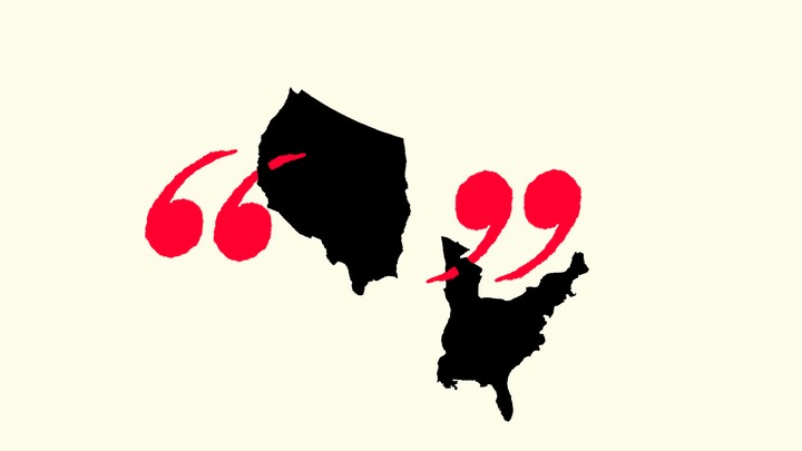 An illustration of quotation marks and the United States split in two.