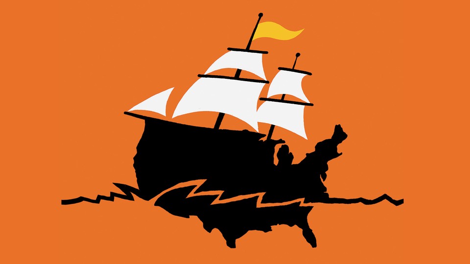 A pirate-style ship with a black hull in the shape of the United States, tall masts, white sails, and a yellow pennant on orange background