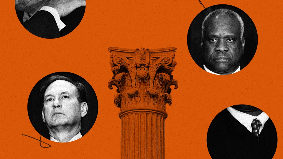 Illustration showing circular black-and-white pictures of Supreme Court justices and a column over an orange background